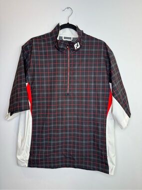 FootJoy Black Red Plaid Golf Pullover Waterproof HydroLite Rain Shirt medium